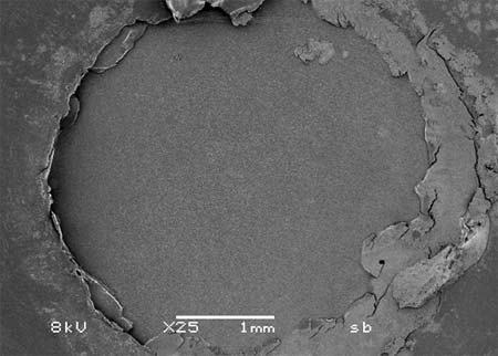 Figura 8 - Aspecto morfológico después del ensayo de cizallamiento utilizando el Adper Single Bond. Se observa la falla adhesiva. Aumento de 25 x y 50 x.