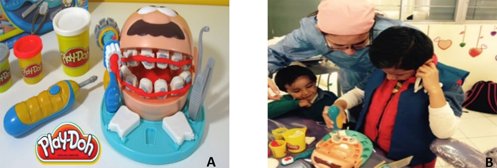 Figura 4 Juego Play Doh (A), Paciente interactuando con herramientas dentales (B)