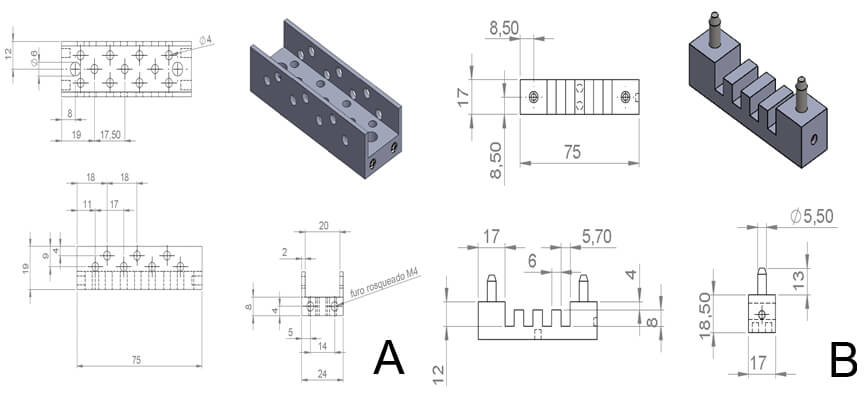 Figura 1(A) y 1 (B) Todos los procedimientos de impresión y almacenamiento de las impresiones fueron realizados en una sala con temperatura ambiente de (23±2)°C y con humedad relativa de aire de (50±4)%, utilizando un reloj termo-higrômetro Minipa modelo MT-241 (Minipa do Brasil, São Paulo, SP, Brasil). Las impresiones fueron almacenados en un local seco y ventilado para q los cambios dimensionales sean evaluados apenas en función de tiempo.