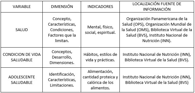 Tabla I Cuadro de categoría de análisis "Las condiciones de vida del adolescente saludable"