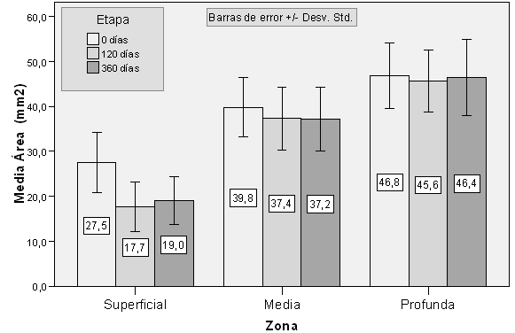 Gráfico 2 Diagrama de barras agrupado. Área de sección según etapa y profundidad.