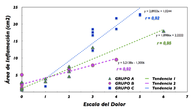 Gráfico 7 Correlación del área de inflamación y el dolor (72 horas)
