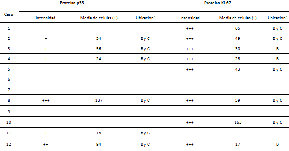 Tabla 1 Expresión de las proteínas p53 y Ki-67 según el número de células que los expresan, intensidad y ubicación.