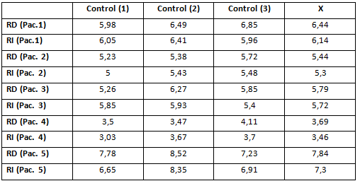 Tabla 1 Medidas de control o inicial (en mm) en los rebordes edéntulos derecho (RD) e izquierdo (RI) en las 3 áreas de las estructuras metálicas diseñadas para tal fin y la media (X).