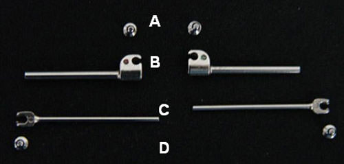 Figura 1 Componentes del mecanismo telescópico de Herbst : (A) conector o pivote superior; (B) tubo; (C) pistón; (D) conector o pivote inferior.