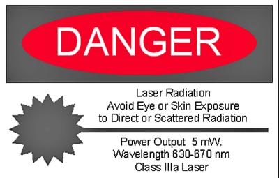 Fig. 20. Señal de advertencia presente en todos los equipos Laser donde se observan, entre otros, el poder de salida, la longitud de onda y la clasificación de seguridad. (Tomado de Miserendino L. J., Pick R. M.)