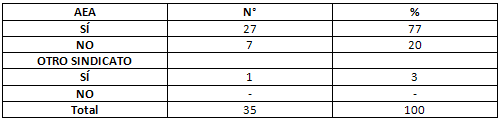 Tabla N° 3 DISTRIBUCIÓN DE LAS ASISTENTES DENTALES DE LA FACULTAD DE ODONTOLOGÍA SEGÚN AFILIACIÓN A LA ASOCIACIÓN DE EMPLEADOS (UCV) U OTRO SINDICATO (Cifras absolutas y relativas)